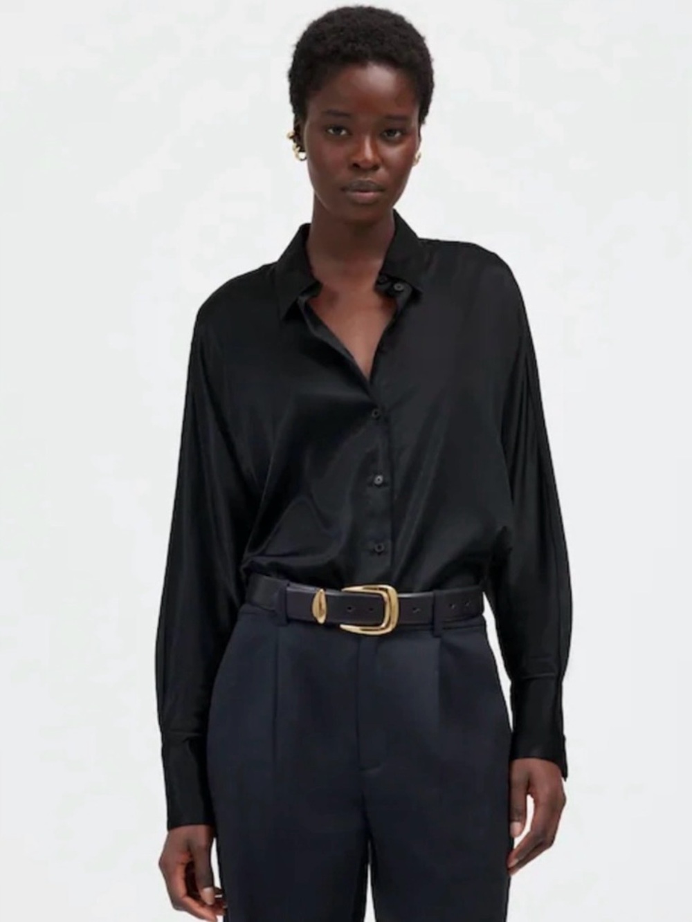 Madewell Relaxed Dolman Button-Up Shirt in Satin black flowy blouse size small
